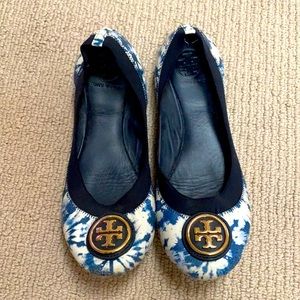 Tory Burch ballet flats. Blue and white tie dye with gold buckle.